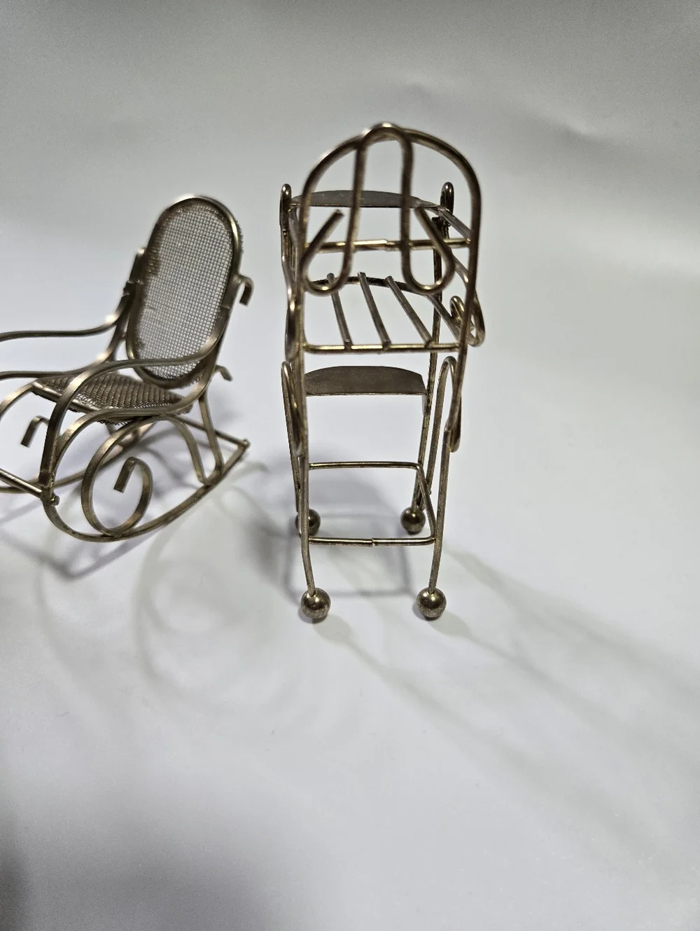 Vintage Metal Miniature Doll House Furniture Gold Rocking Chairs Table Sconce